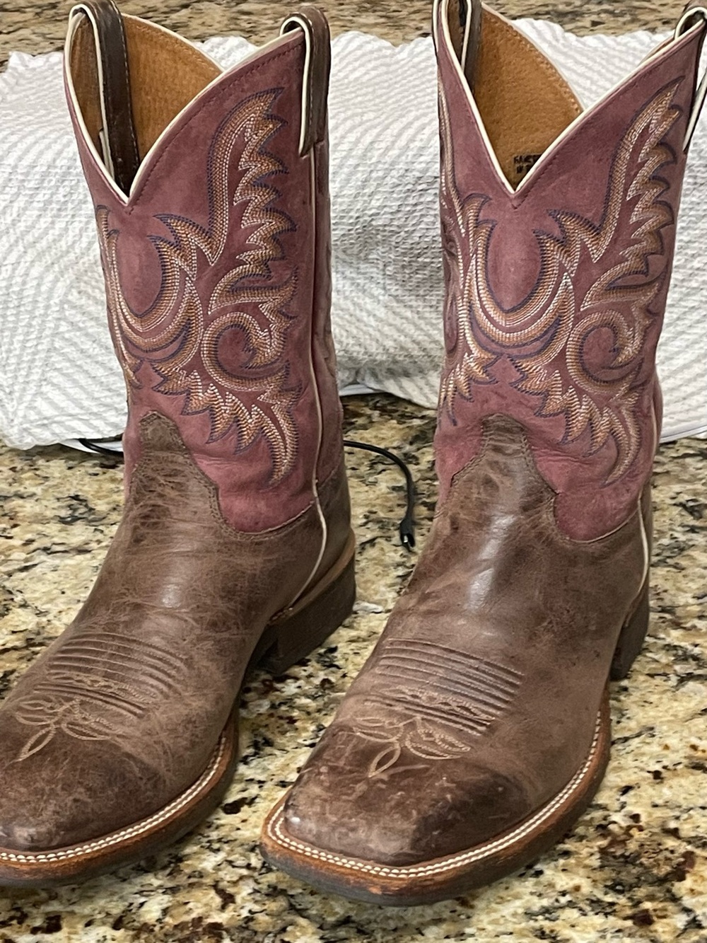 Justin Boots Brown Leather Foot with Dusty Rose Embroidered Shaft Cowboy Boots